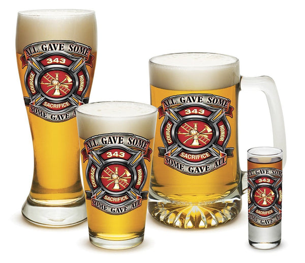 Fire Honor Courage Sacrifice 343 badge Firefighter 4 Piece Glass Gift Set
