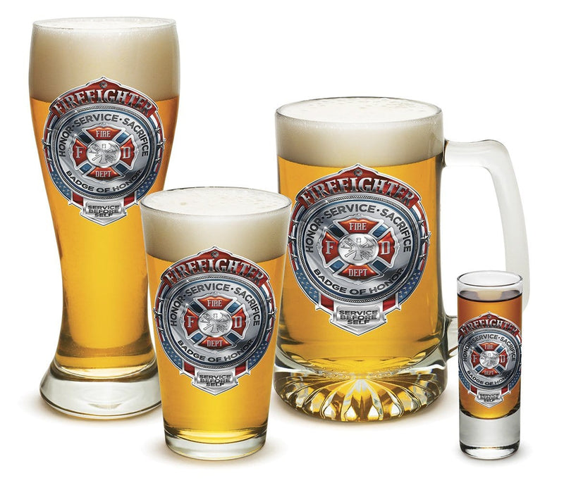 Fire Honor Service Sacrifice Chrome Badge Firefighter 4 Piece Glass Gift Set