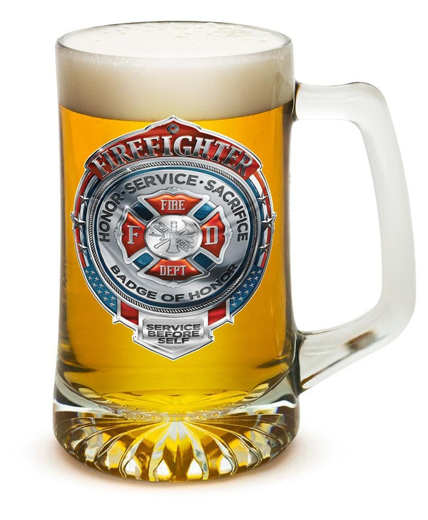 Fire Honor Service Sacrifice Chrome Badge Firefighter 25oz Tankard Glass Set