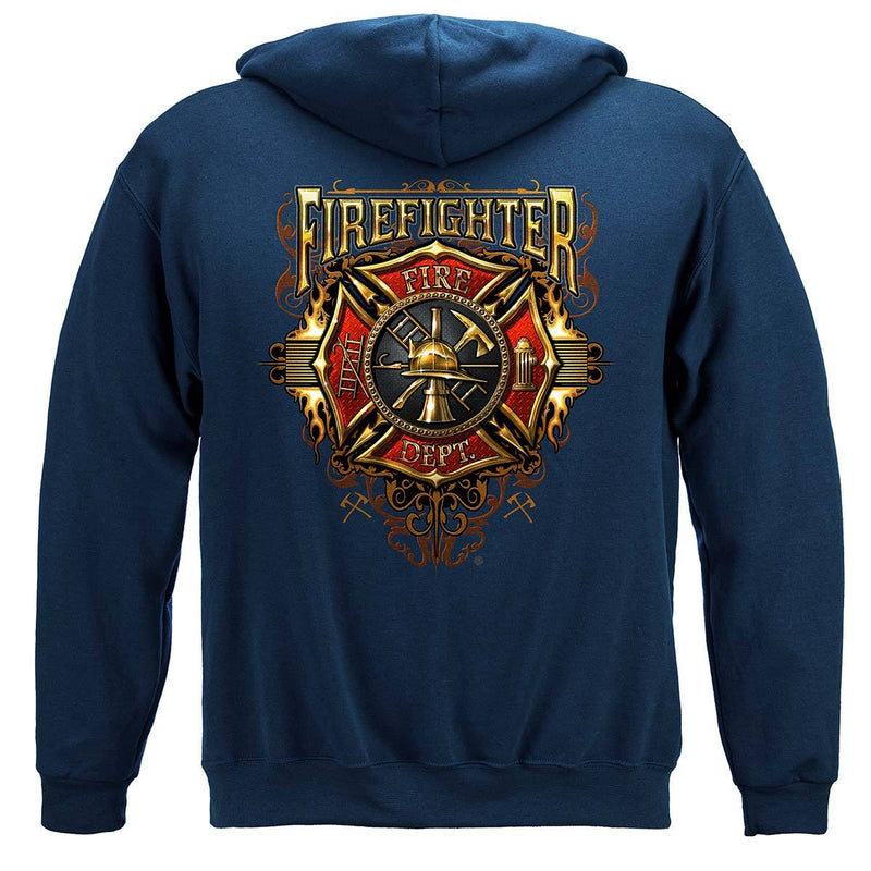 Firefighter Flames Gold Shield Premium Hooded Sweat Shirt