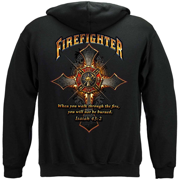 Firefighter Cross Walk Through the Fire  Isaiah 43: 2 Premium Hooded Sweat Shirt